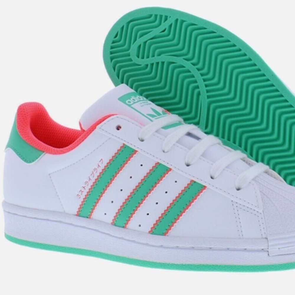 NWT! Kids Adidas Superstar Sneakers! Bright Green/ White/Orange - Kids Size 2!